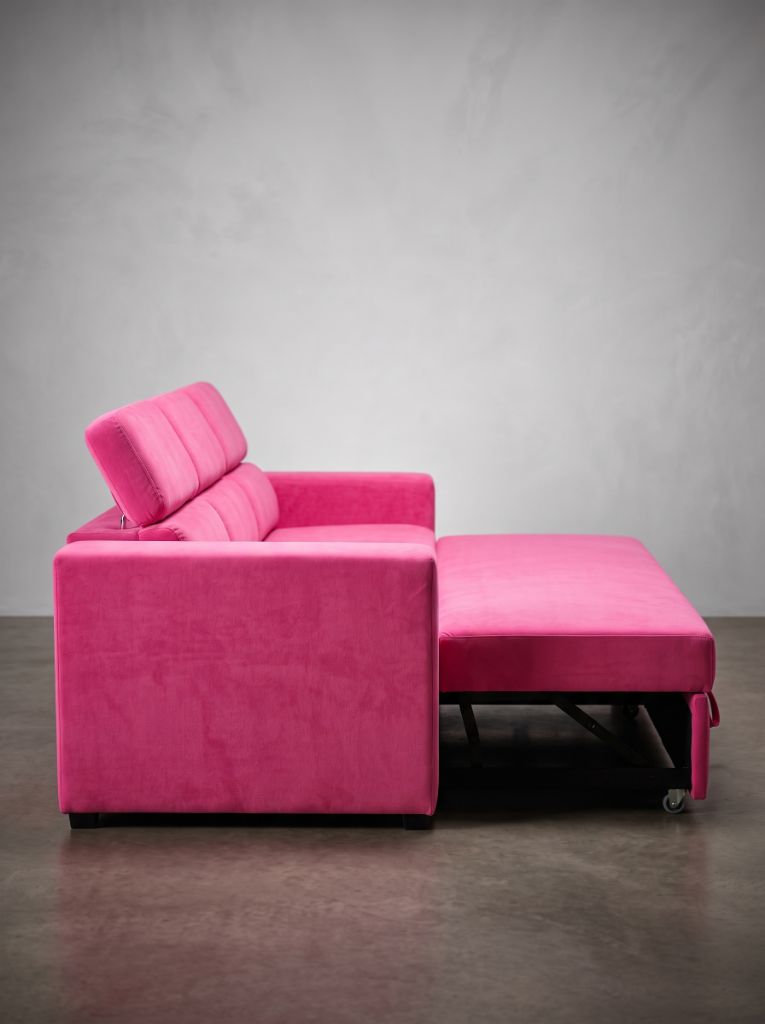 Evo 3 Seat Sofa Sleeper Barbie Pink side profile with pull-out sleeper bed extended