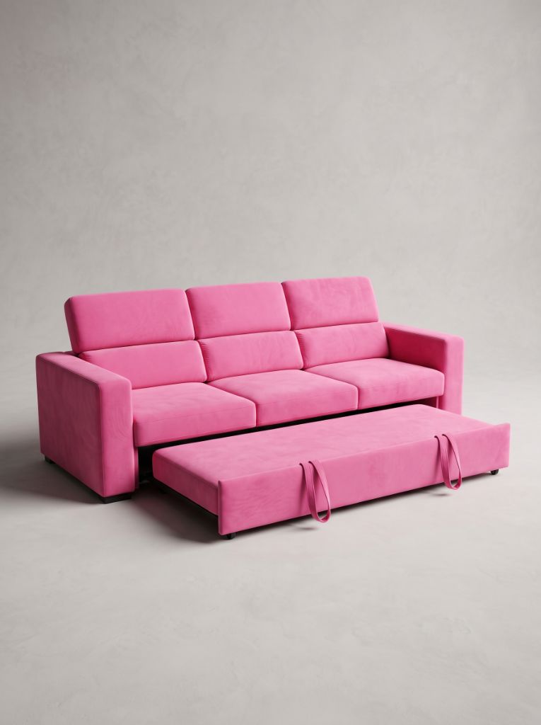 Evo 3 Seat Sofa Sleeper Barbie Pink with pull-out sleeper platform extended, pull straps