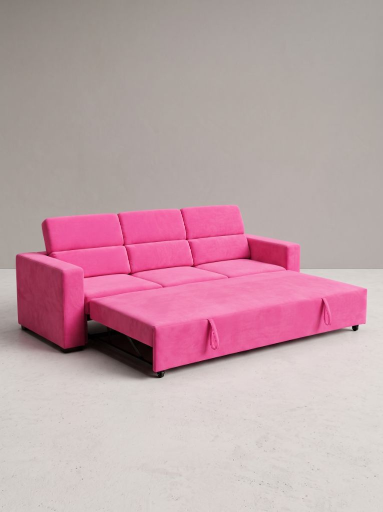 Evo 3 Seat Sofa Sleeper Barbie Pink velvet sofa bed angled hero view