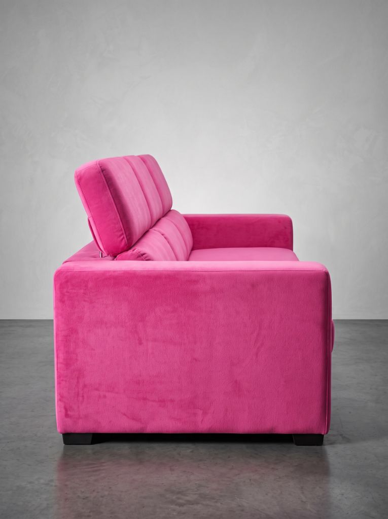 Evo 3 Seat Sofa Sleeper Barbie Pink in sofa mode showing adjustable headrest detail