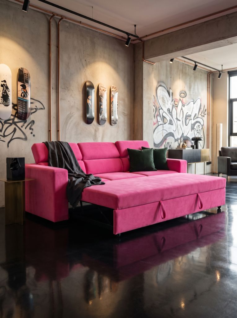 Evo 3 Seat Sofa Sleeper Barbie Pink styled in an industrial loft living space