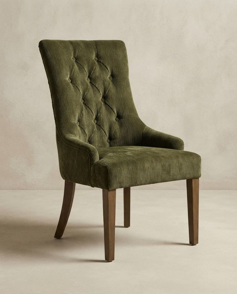 Vibe Dining Chair in Olive Green Corduroy - button-tufted dining chair with timber legs