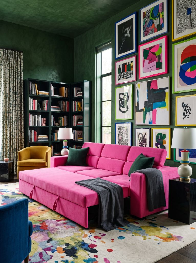 Evo 3 Seat Sofa Sleeper Barbie Pink styled in a bright gallery living room with colourful rug