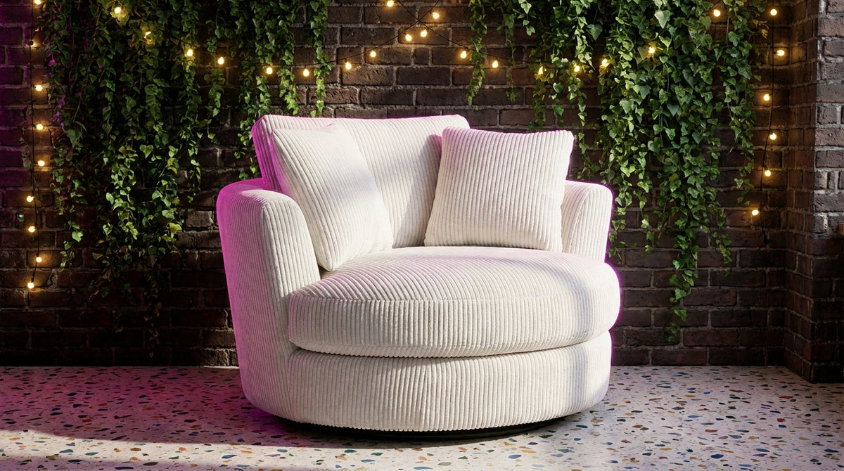Cuddle Swivel Chair - White - Room Setting | Vibe Sofas Australia