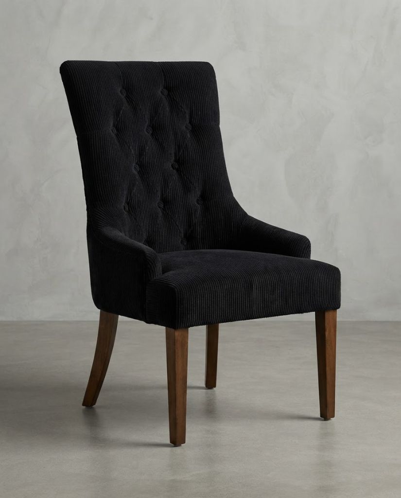 Vibe Dining Chair in Black Corduroy - button-tufted dining chair with timber legs