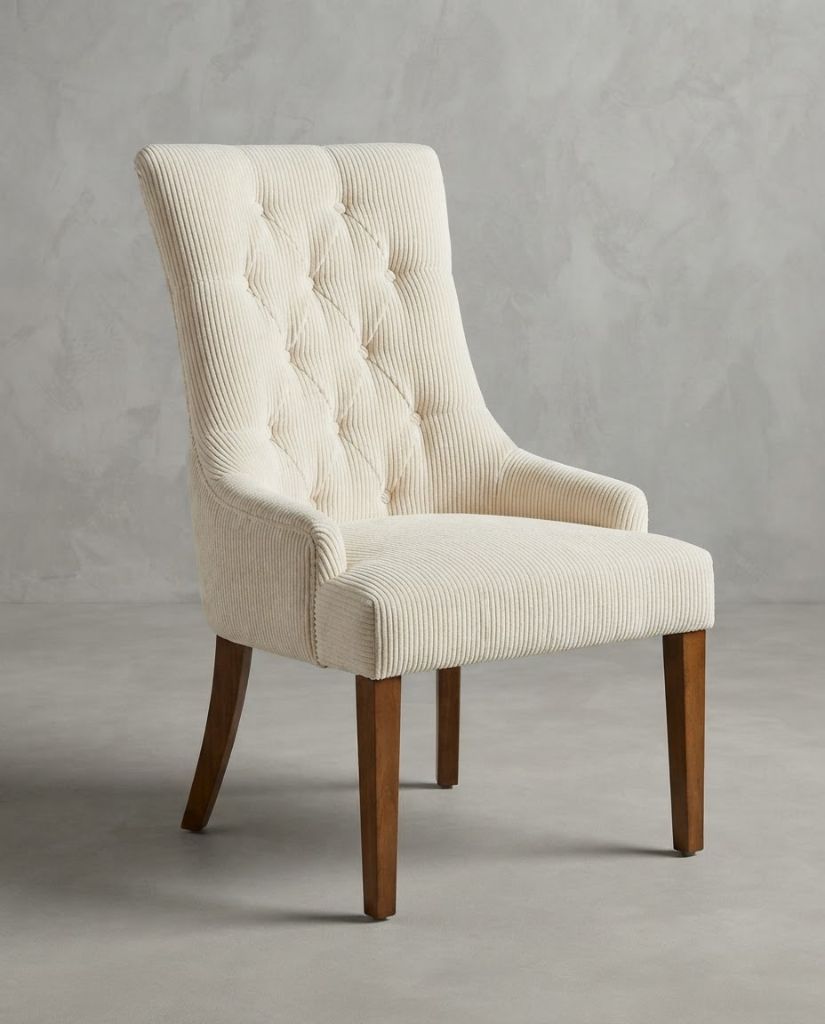 Vibe Dining Chair in White Corduroy - button-tufted dining chair with timber legs
