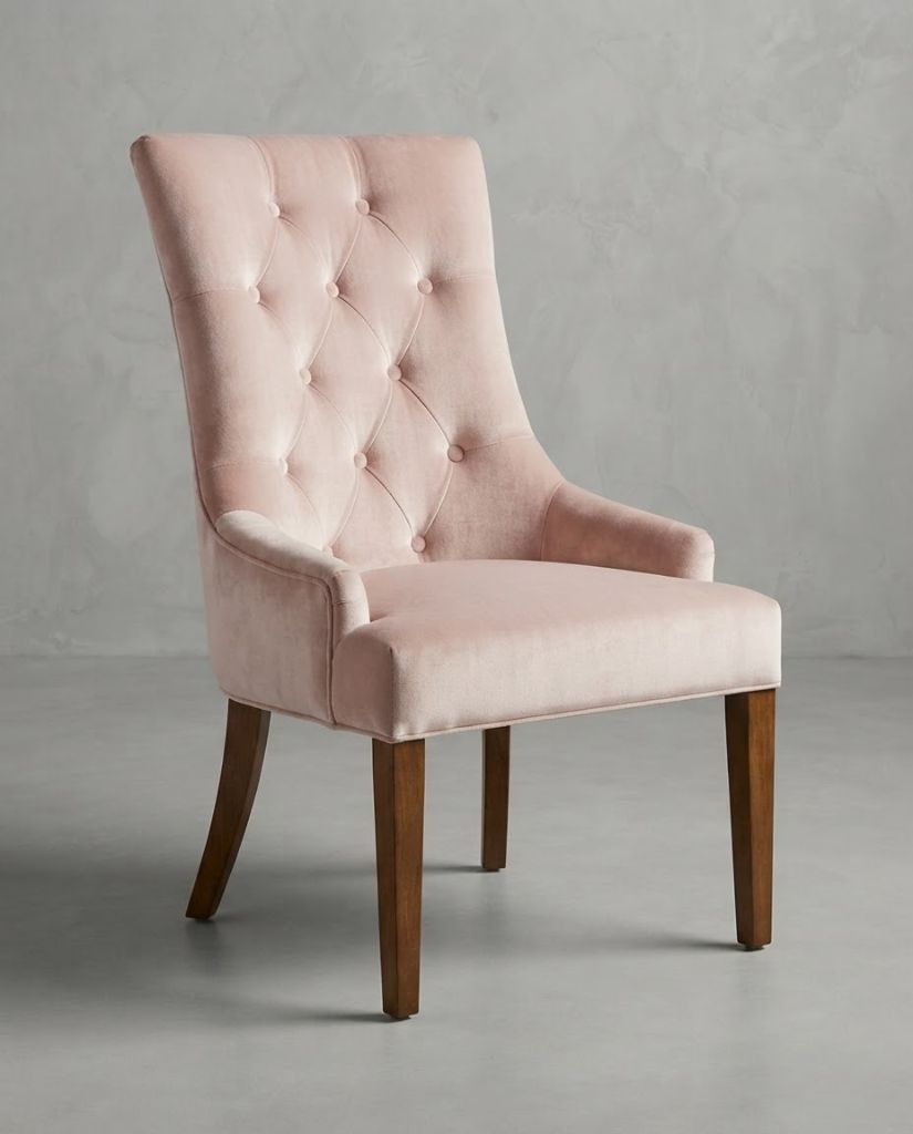 Vibe Dining Chair in Baby Pink Velvet - button-tufted dining chair with timber legs