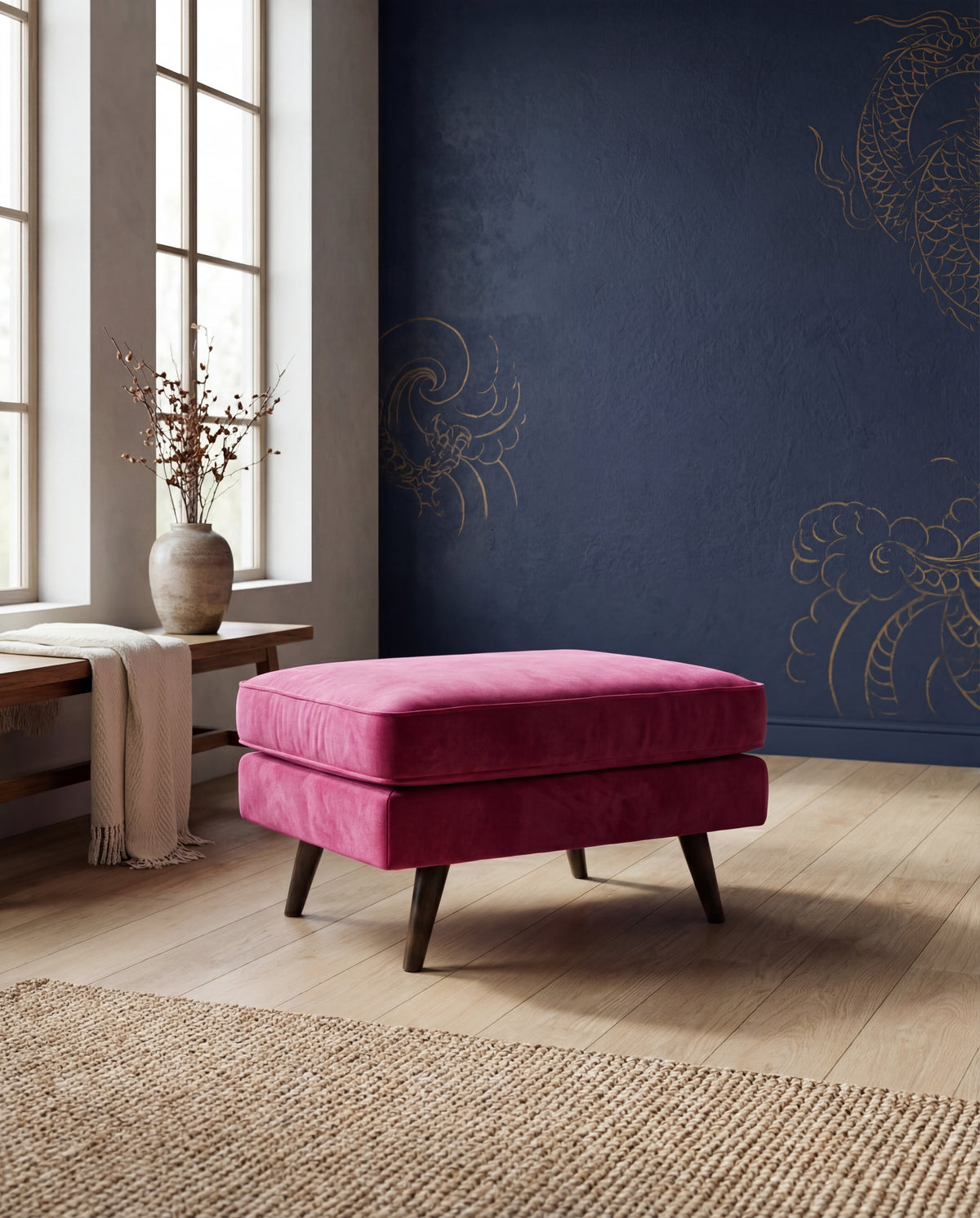 Monroe Large Ottoman Barbie Pink - Room Setting | Vibe Sofas Australia