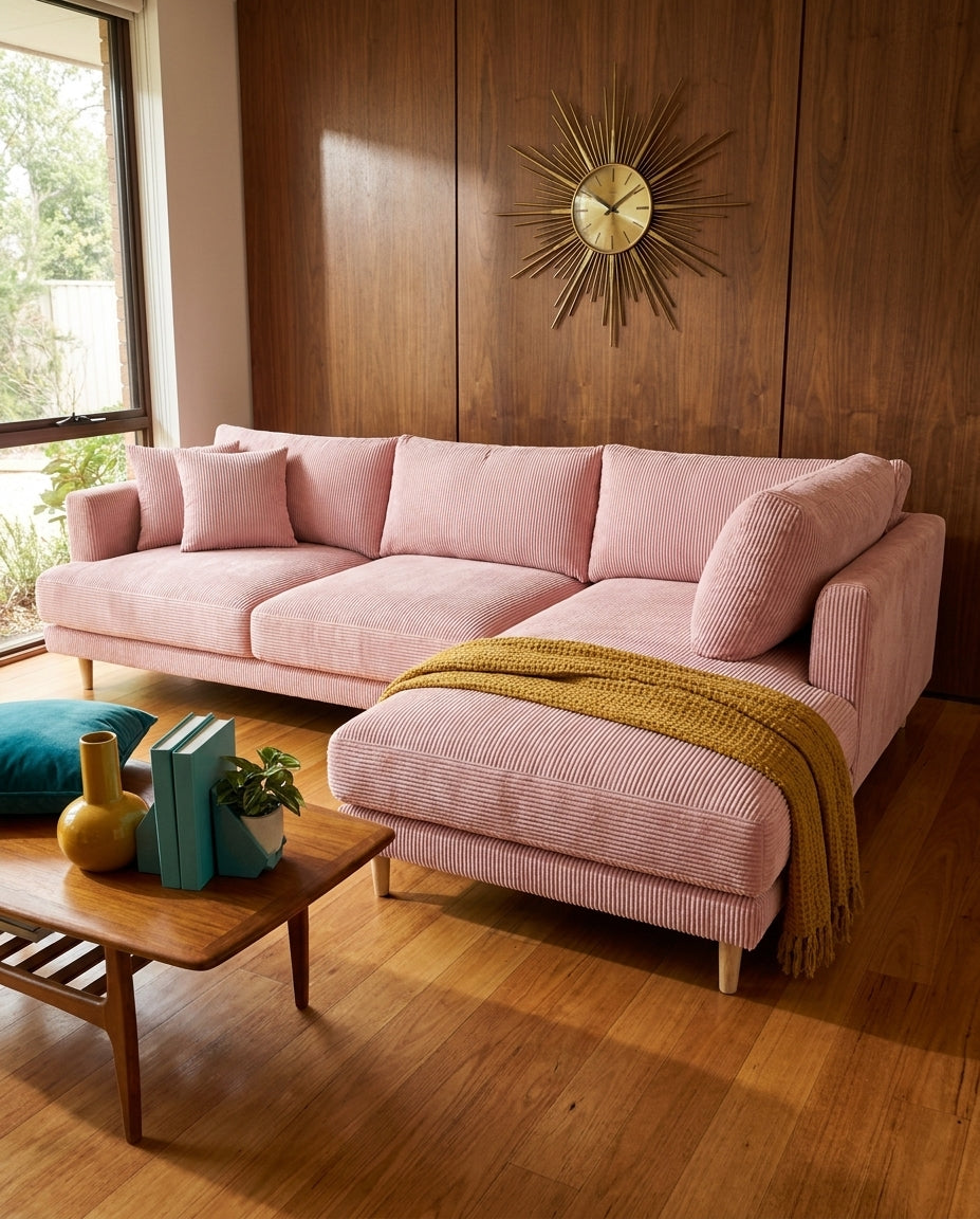 Meadow Chaise Lounge - Baby Pink Corduroy — Product View 13 | Corduroy | Vibe Sofas Australia