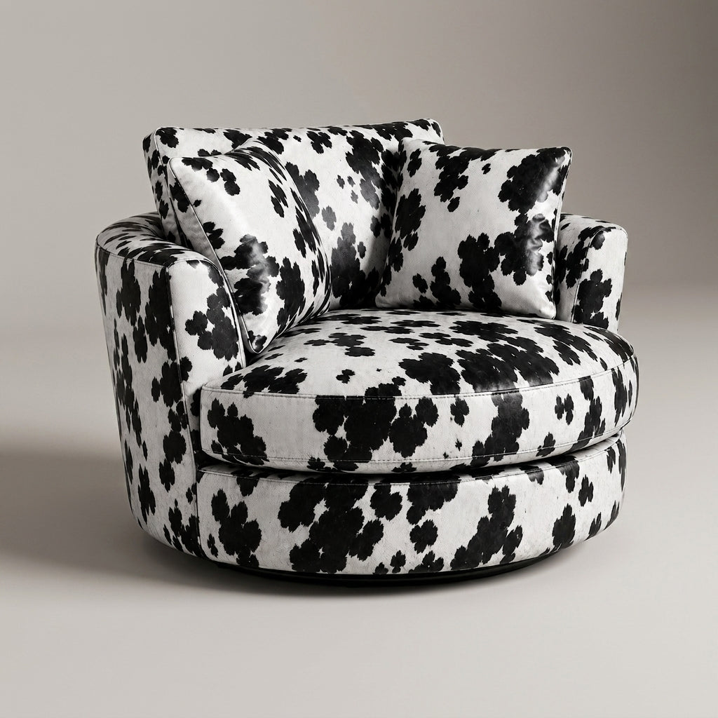 Cuddle Swivel Chair - Black Patch Cowhide Leather