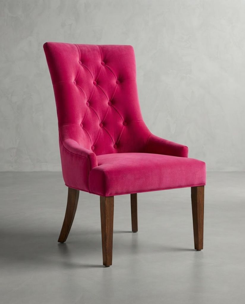 Vibe Dining Chair in Barbie Pink Velvet - button-tufted dining chair with timber legs