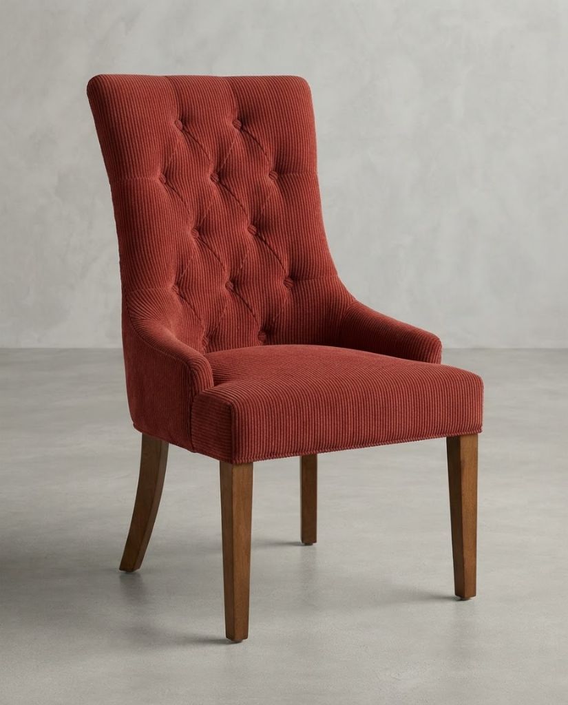 Vibe Dining Chair in Samurai Red Corduroy - button-tufted dining chair with timber legs