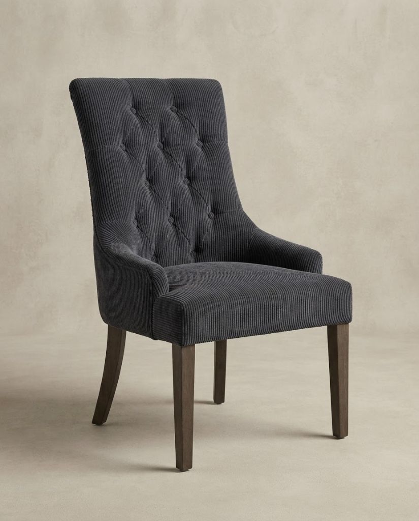 Vibe Dining Chair in Bagira Black Corduroy - button-tufted dining chair with timber legs