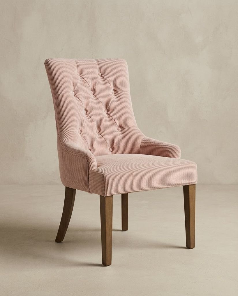 Vibe Dining Chair in Rose Pink Corduroy - button-tufted dining chair with timber legs