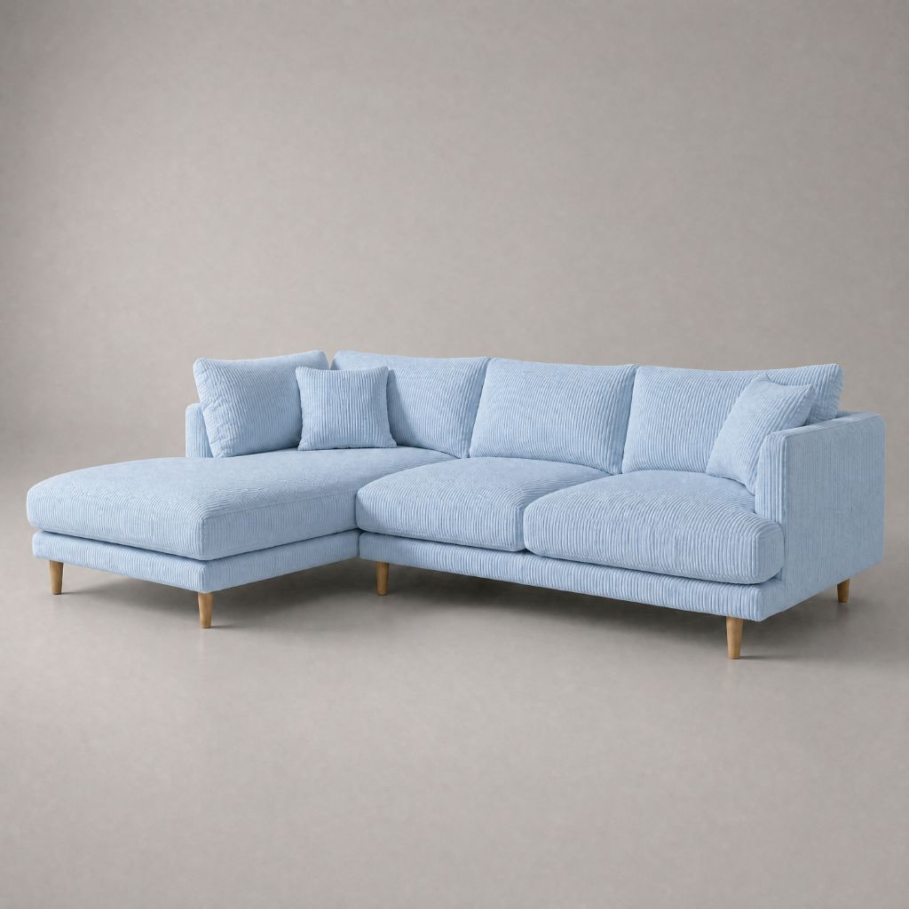 Meadow Chaise Lounge in Baby Blue Corduroy fabric with tapered oak legs — Vibe Sofas Australia