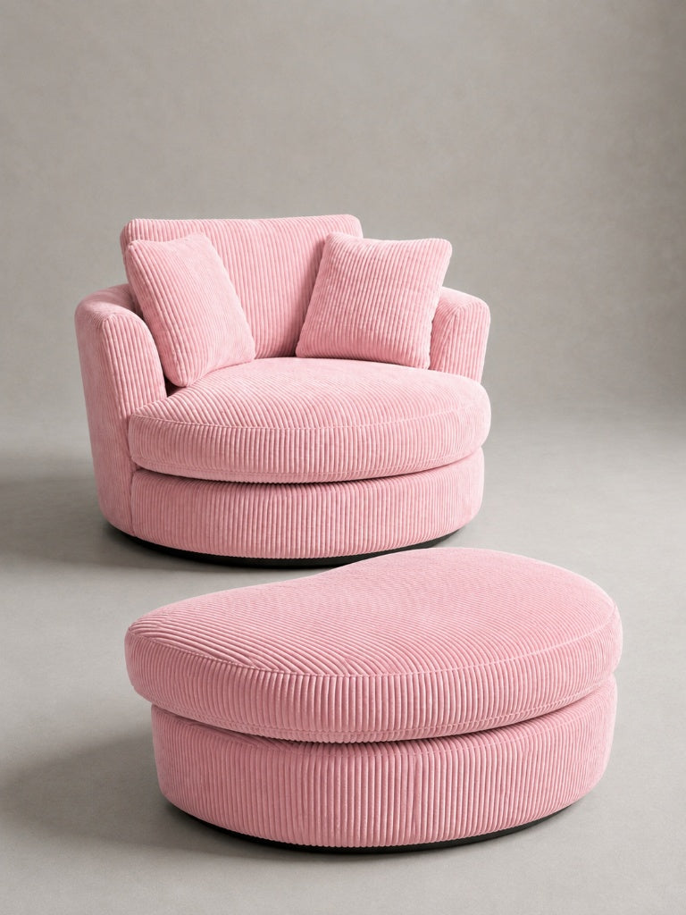 Kiss Ottoman and Cuddle Swivel Chair - Baby Pink Corduroy