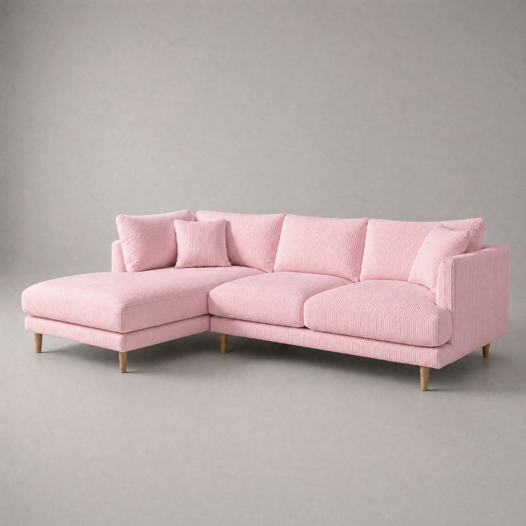 Meadow Chaise Lounge in Baby Pink Corduroy fabric with tapered oak legs — Vibe Sofas Australia