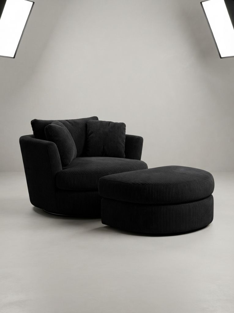 Kiss Ottoman and Cuddle Swivel Chair - Black Corduroy