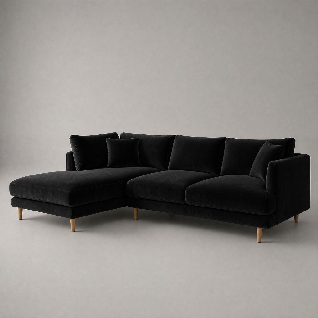 Meadow Chaise Lounge in Black Velvet fabric with tapered oak legs — Vibe Sofas Australia