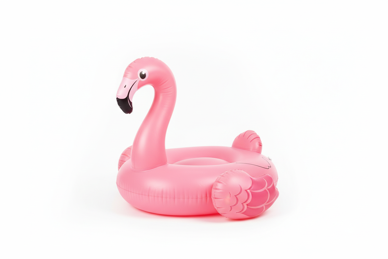 blow up pink flamingo water float on flat whit background
