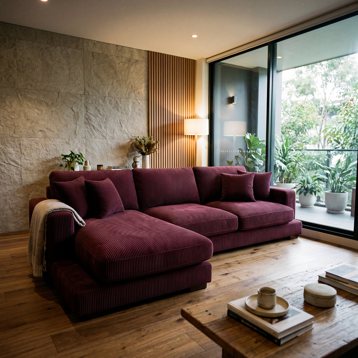 City Chaise Lounge Burgundy Corduroy — Lifestyle