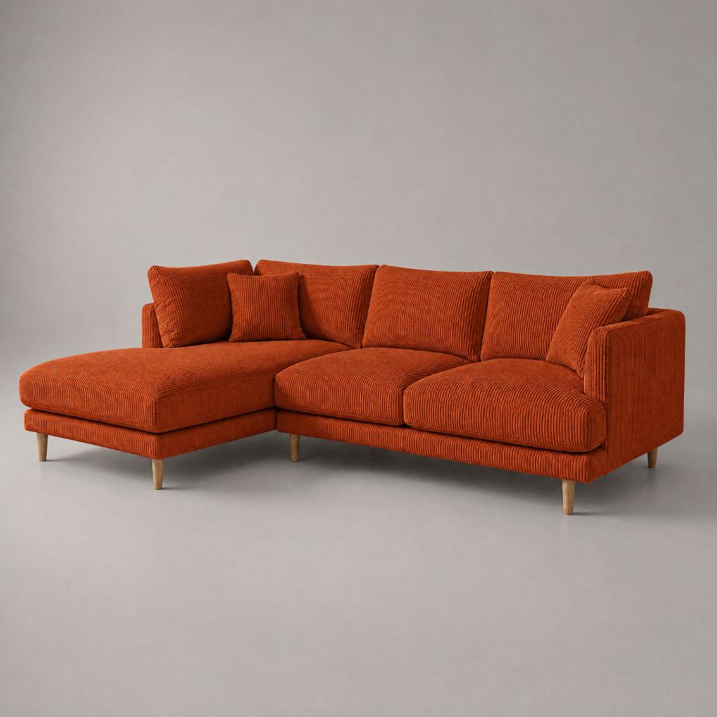 Meadow Chaise Lounge in Burnt Orange Corduroy fabric with tapered oak legs — Vibe Sofas Australia