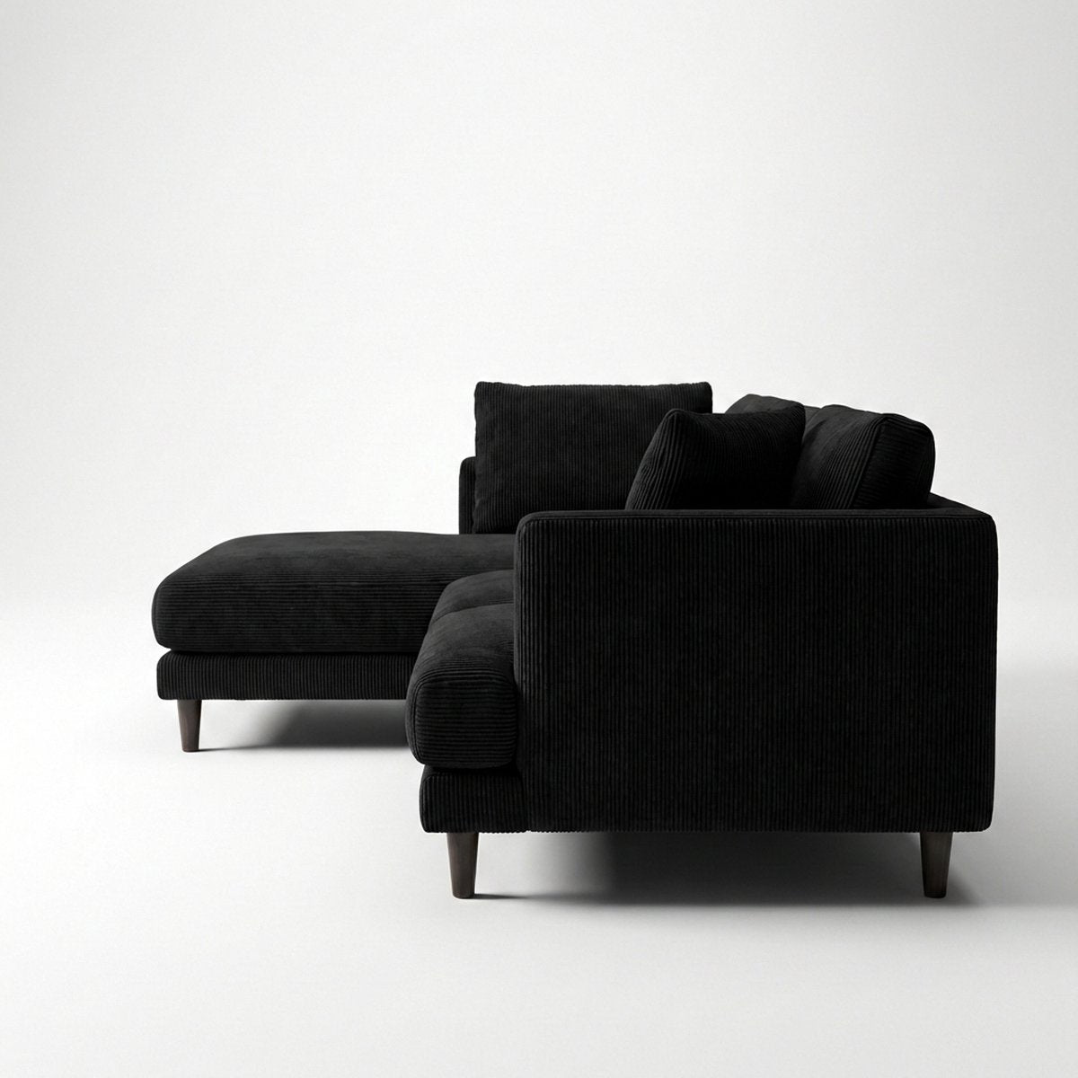 Meadow Chaise Lounge - Bagira Black Corduroy — Side Profile View | Corduroy | Vibe Sofas Australia