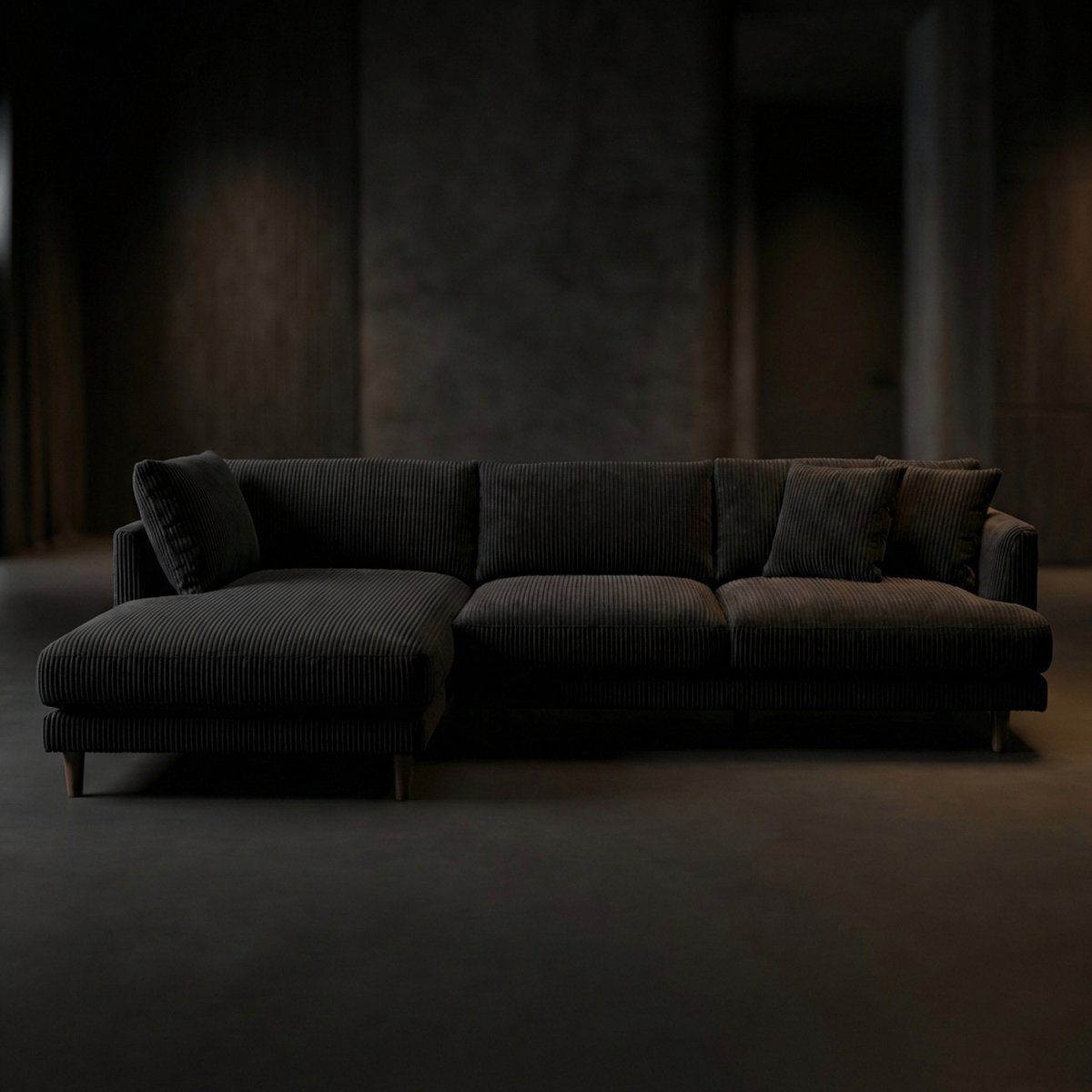 Meadow Chaise Lounge - Bagira Black Corduroy — Lifestyle Setting 2 | Corduroy | Vibe Sofas Australia