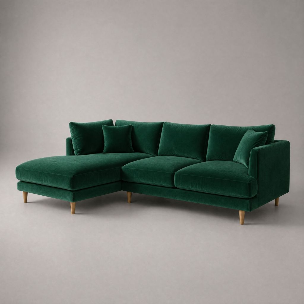 Meadow Chaise Lounge in Emerald Green Velvet fabric with tapered oak legs — Vibe Sofas Australia