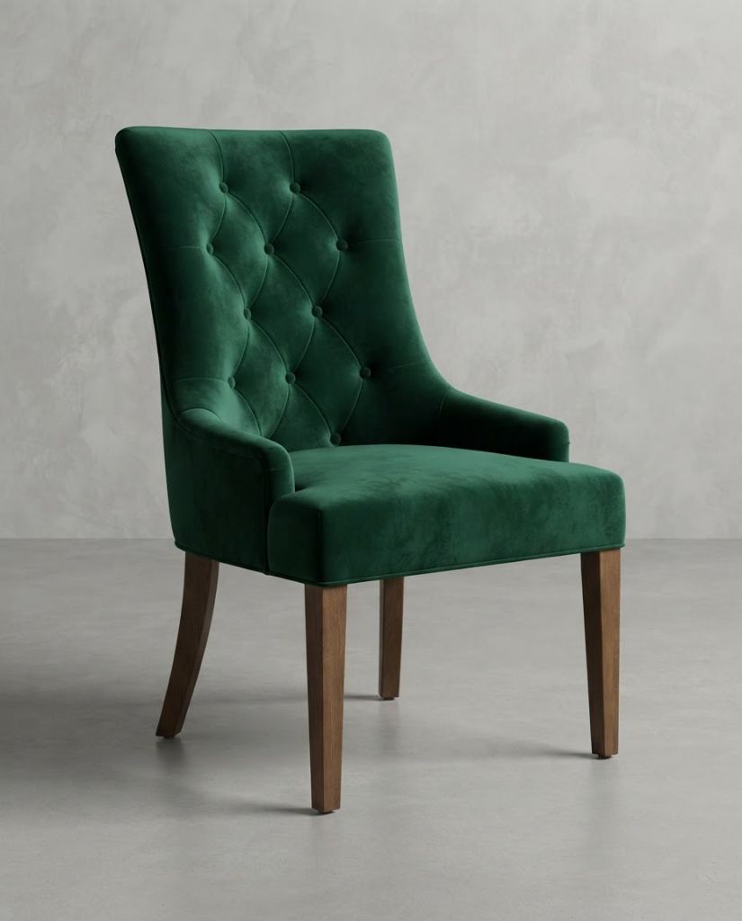 Vibe Dining Chair in Emerald Green Velvet - button-tufted dining chair with timber legs