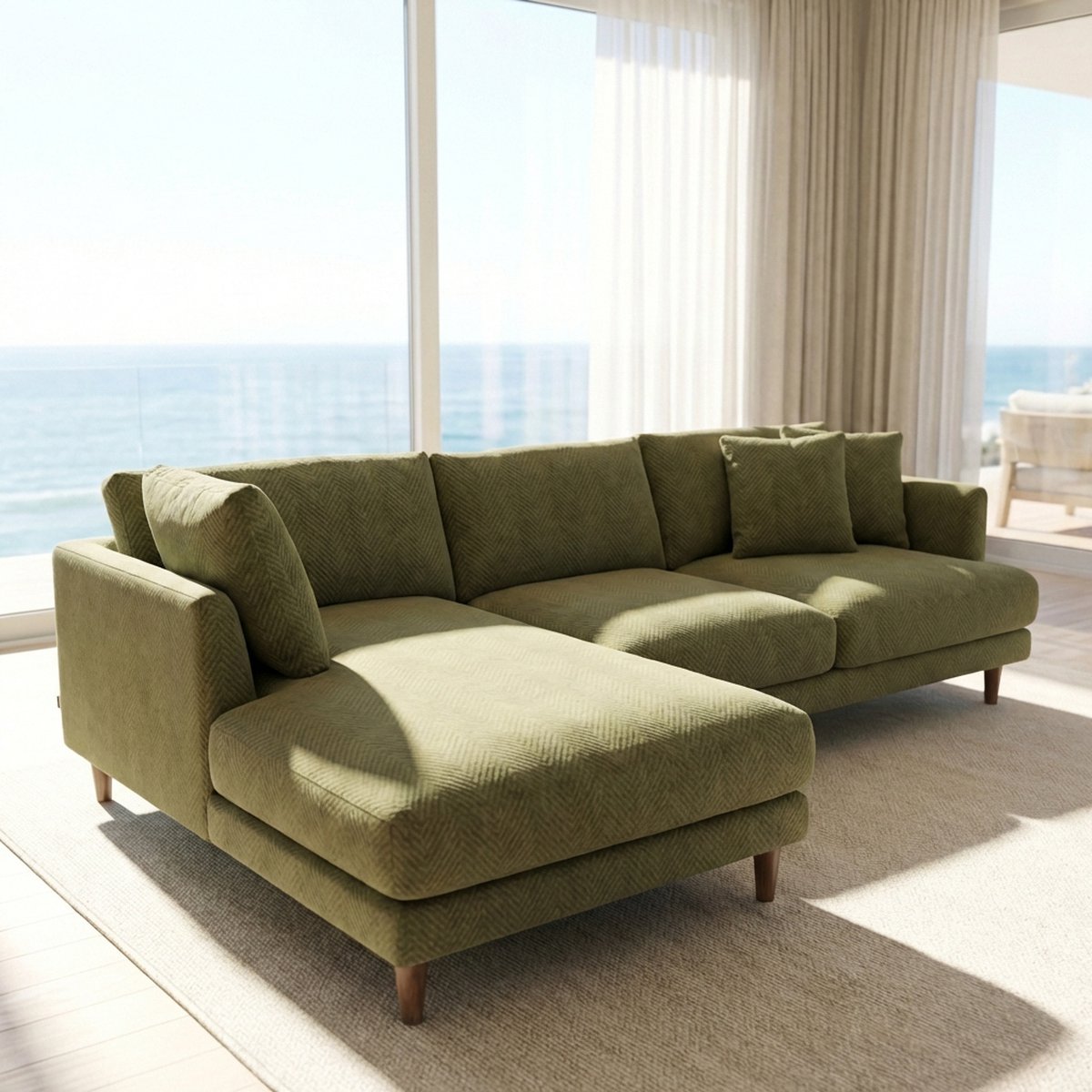 Meadow Chaise Lounge - Olive Green Corduroy — Lifestyle Setting 1 | Corduroy | Vibe Sofas Australia