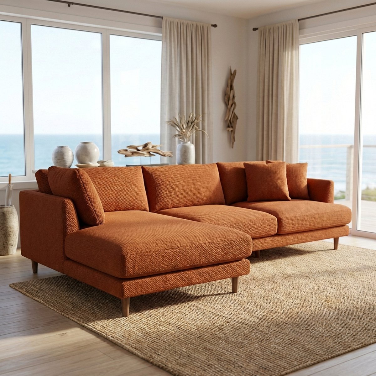 Meadow Chaise Lounge - Burnt Orange Corduroy — Lifestyle Setting 1 | Corduroy | Vibe Sofas Australia