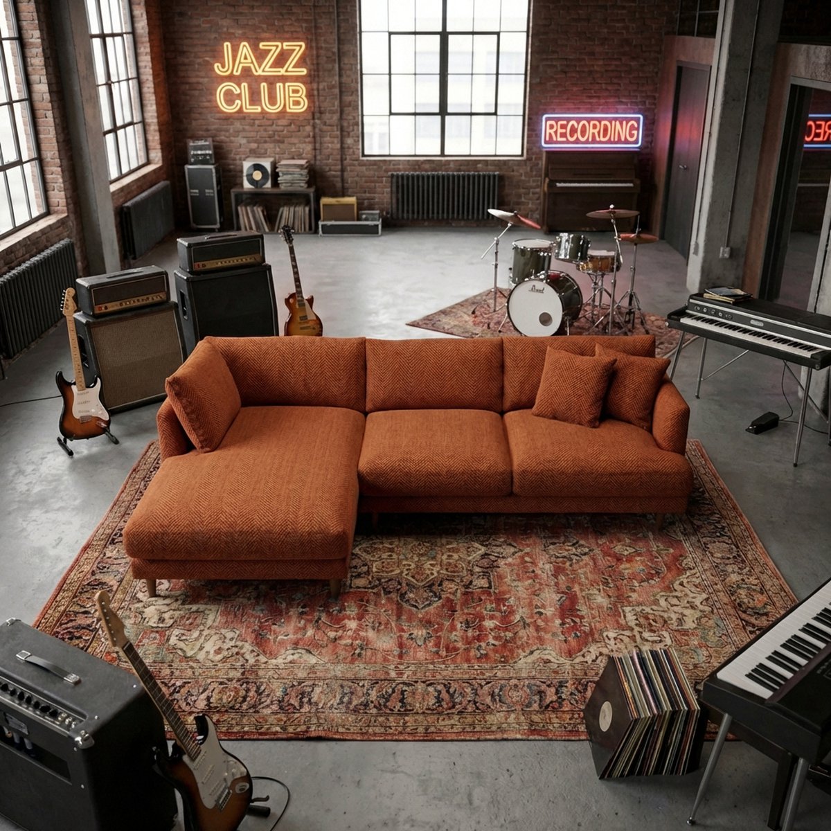 Meadow Chaise Lounge - Burnt Orange Corduroy — Lifestyle Setting 2 | Corduroy | Vibe Sofas Australia