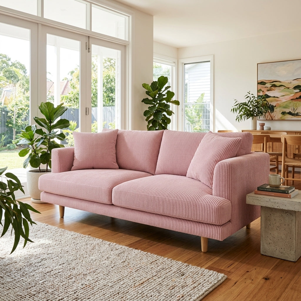 Meadow 2 Seater Sofa - Baby Pink Corduroy - Fabric Detail | Vibe Sofas