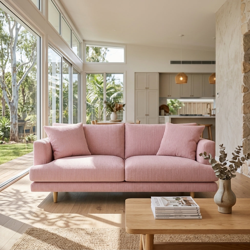 Meadow 2 Seater Sofa - Baby Pink Corduroy - Dimensions View | Vibe Sofas