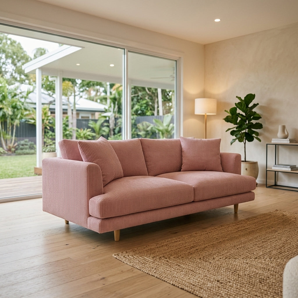 Meadow 2 Seater Sofa - Baby Pink Corduroy - View 1 | Vibe Sofas Australia
