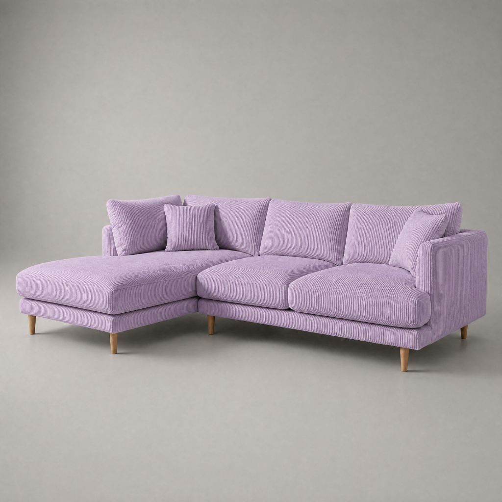 Meadow Chaise Lounge in Lilac Corduroy fabric with tapered oak legs — Vibe Sofas Australia