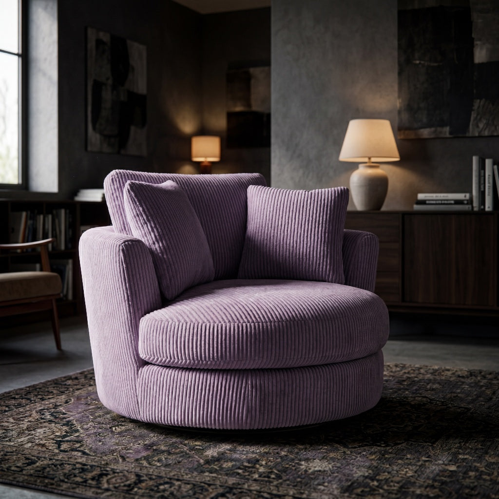 Cuddle Swivel Chair - Lilac in dark moody living room
