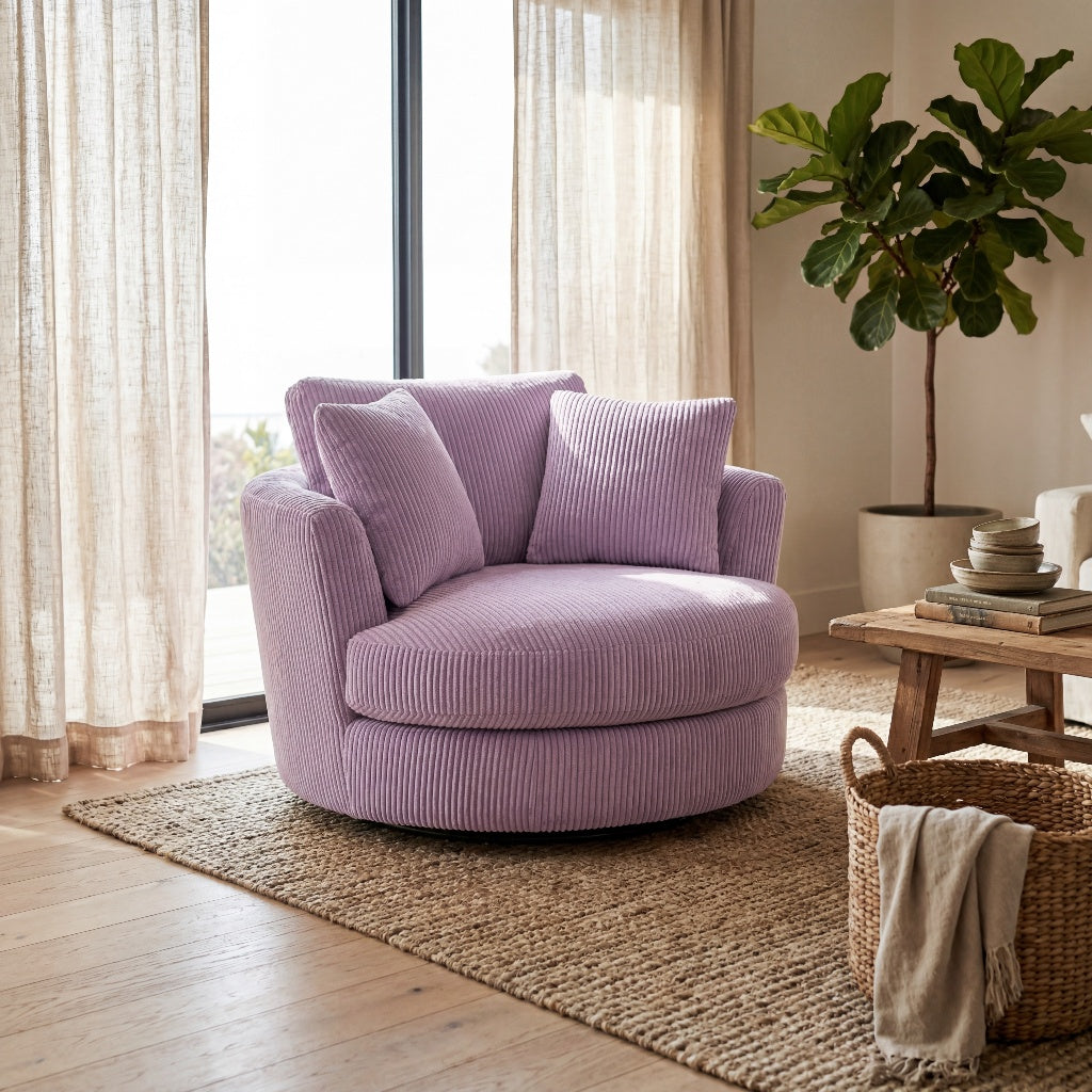 Cuddle Swivel Chair - Lilac in bright airy living room