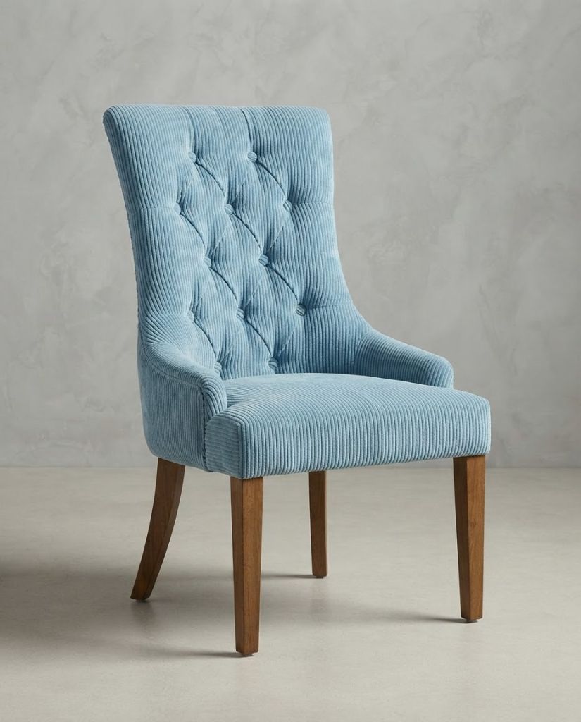 Vibe Dining Chair in Baby Blue Corduroy - button-tufted dining chair with timber legs