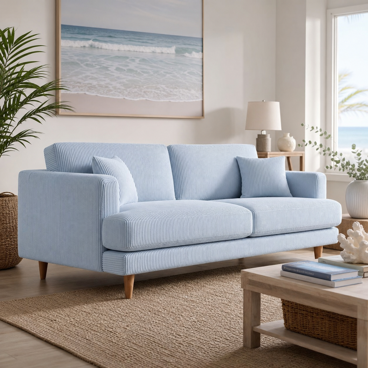 Meadow Chaise Lounge Baby Blue Corduroy - Lifestyle Setting - Vibe Sofas Australia