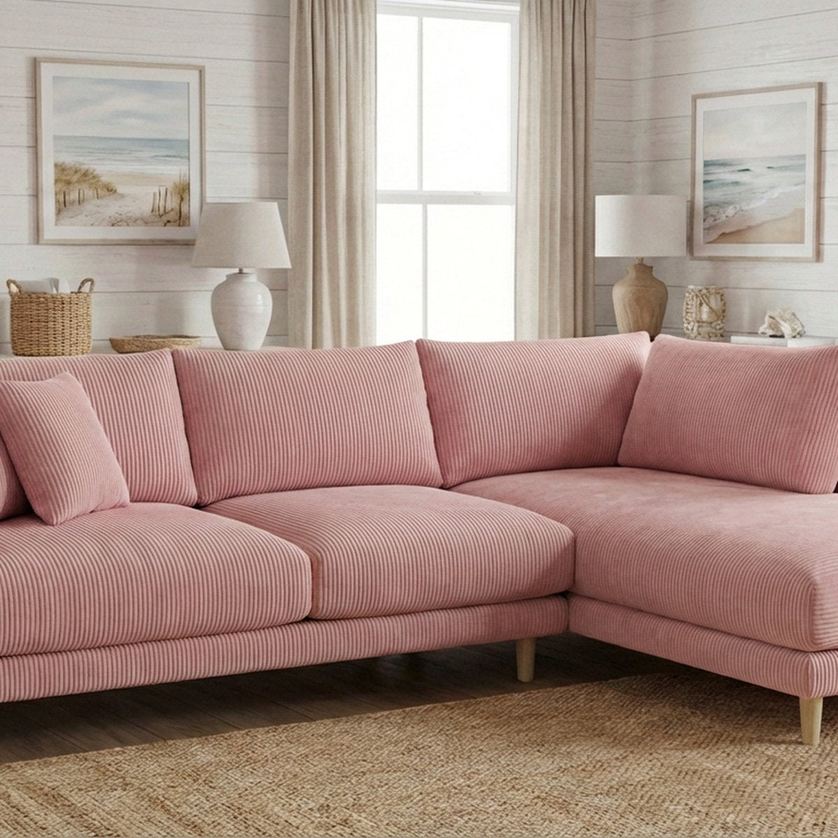 Meadow Chaise Lounge - Baby Pink Corduroy — Lifestyle Setting 2 | Corduroy | Vibe Sofas Australia