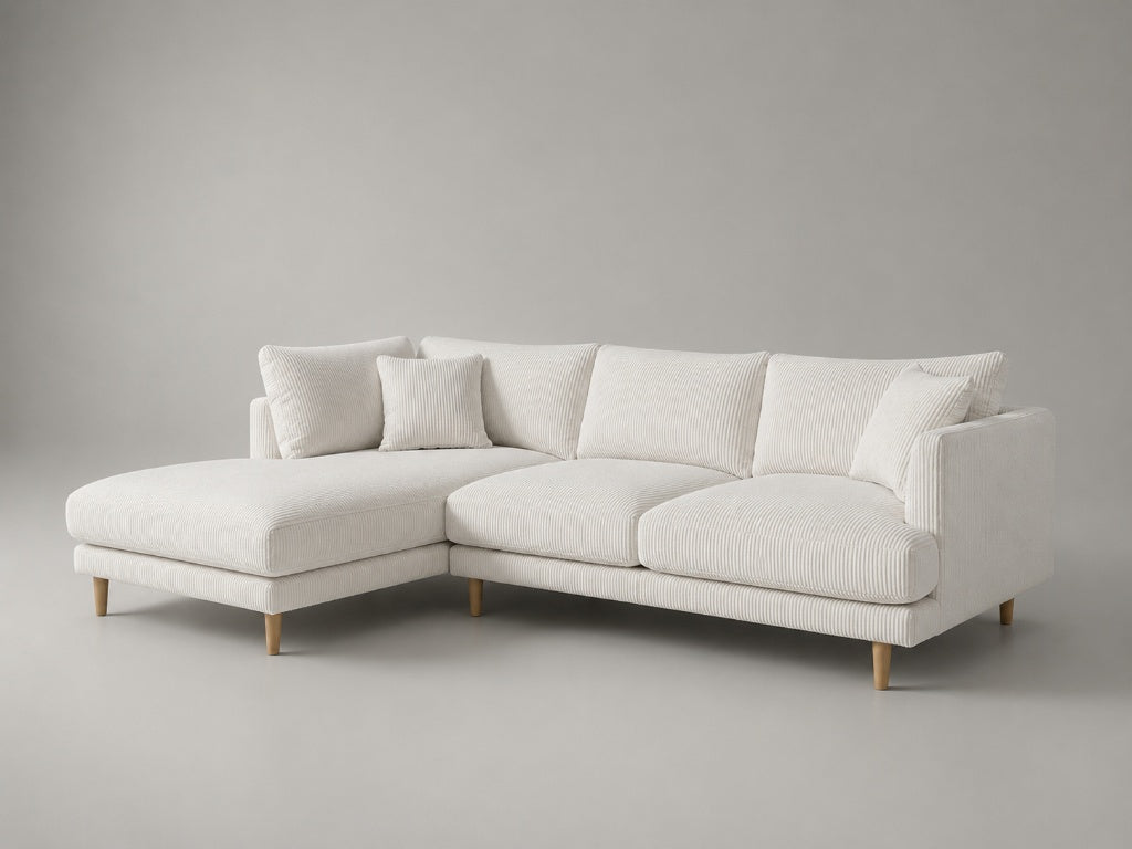 Meadow Chaise Lounge in White Corduroy with tapered oak legs - Vibe Sofas Australia