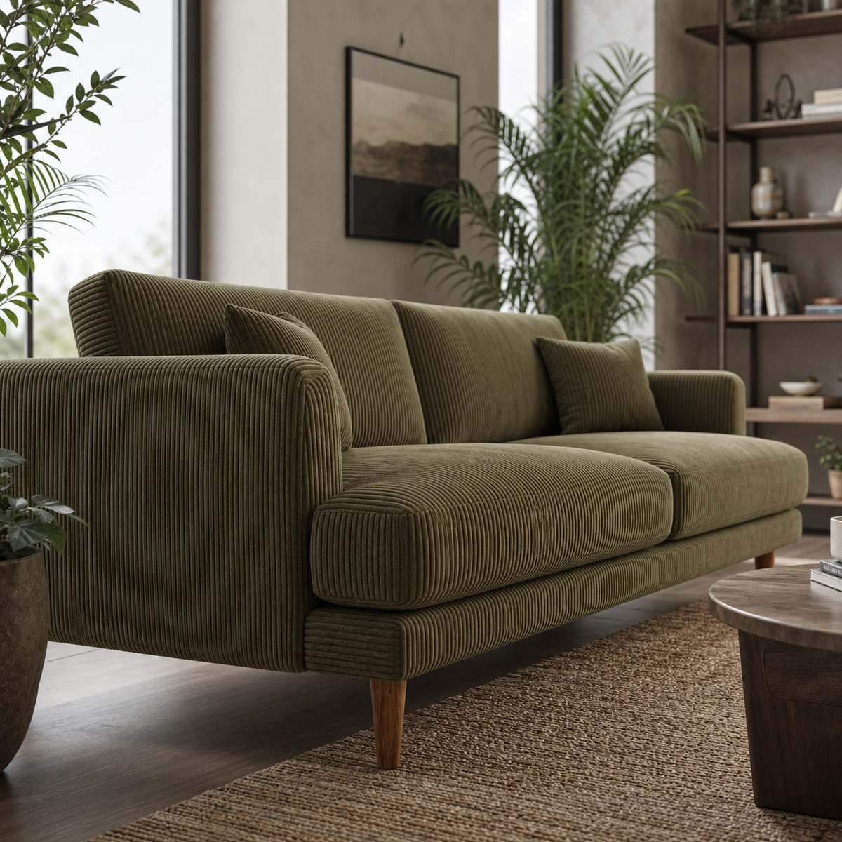 Meadow Chaise Lounge Olive Green Corduroy - Lifestyle Setting - Vibe Sofas Australia