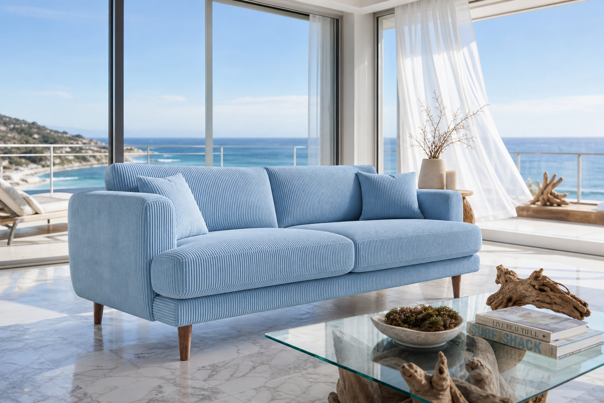 Meadow Sofa Baby Blue Corduroy - Lifestyle - Vibe Sofas Australia