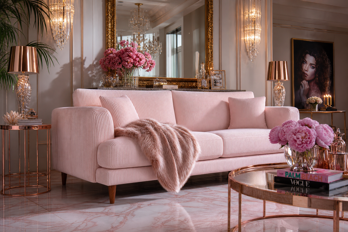 Meadow Sofa - Baby Pink Corduroy - Room Setting | Vibe Sofas Australia
