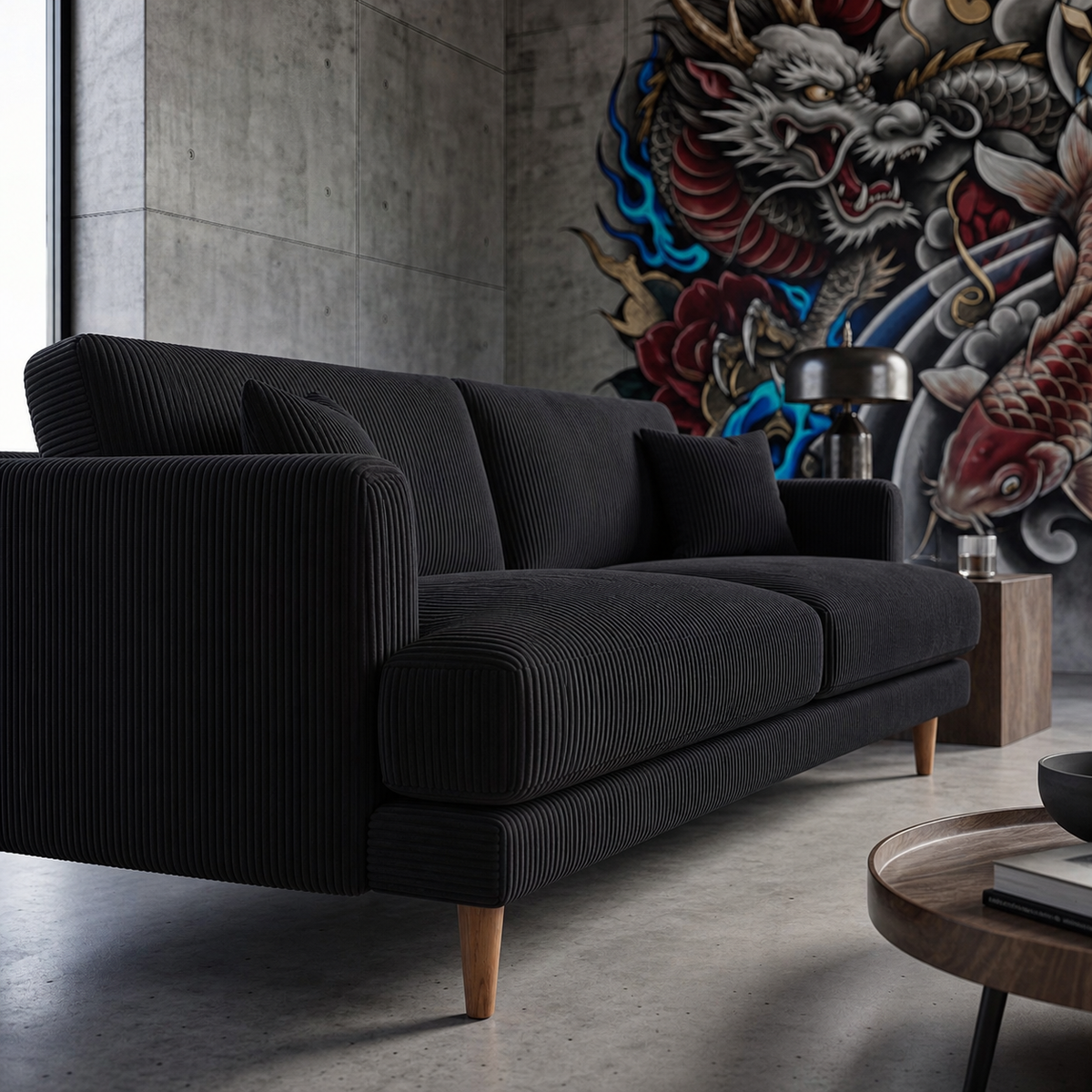 Meadow Sofa Bagira Black Corduroy - Lifestyle Setting - Vibe Sofas Australia