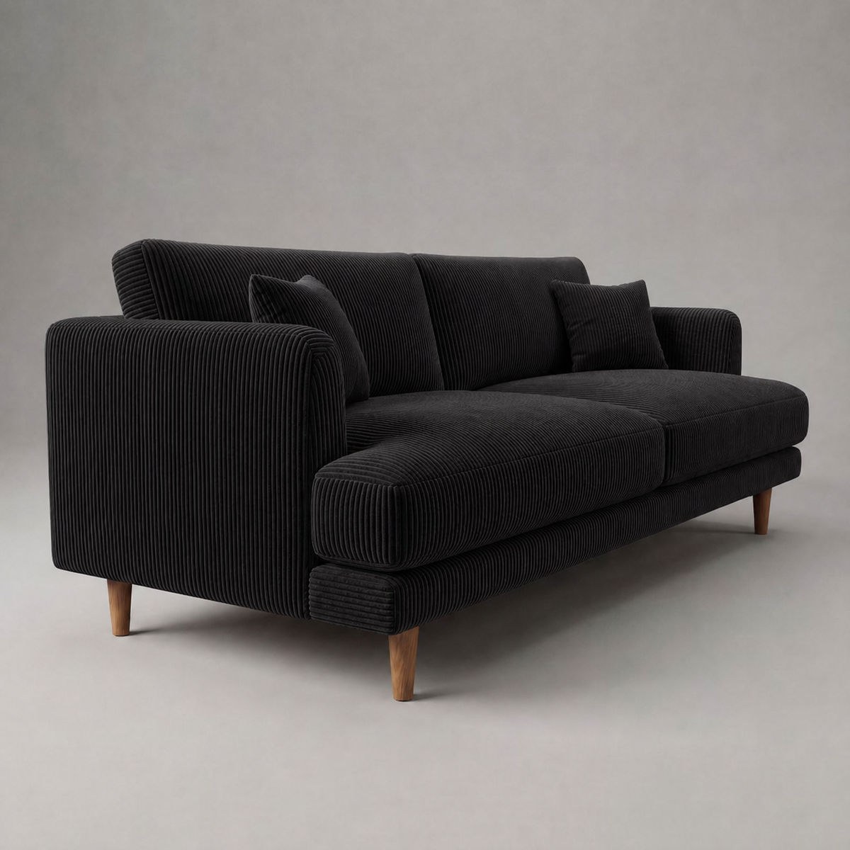 Meadow Sofa Bagira Black Corduroy - Three Quarter Front View - Vibe Sofas Australia