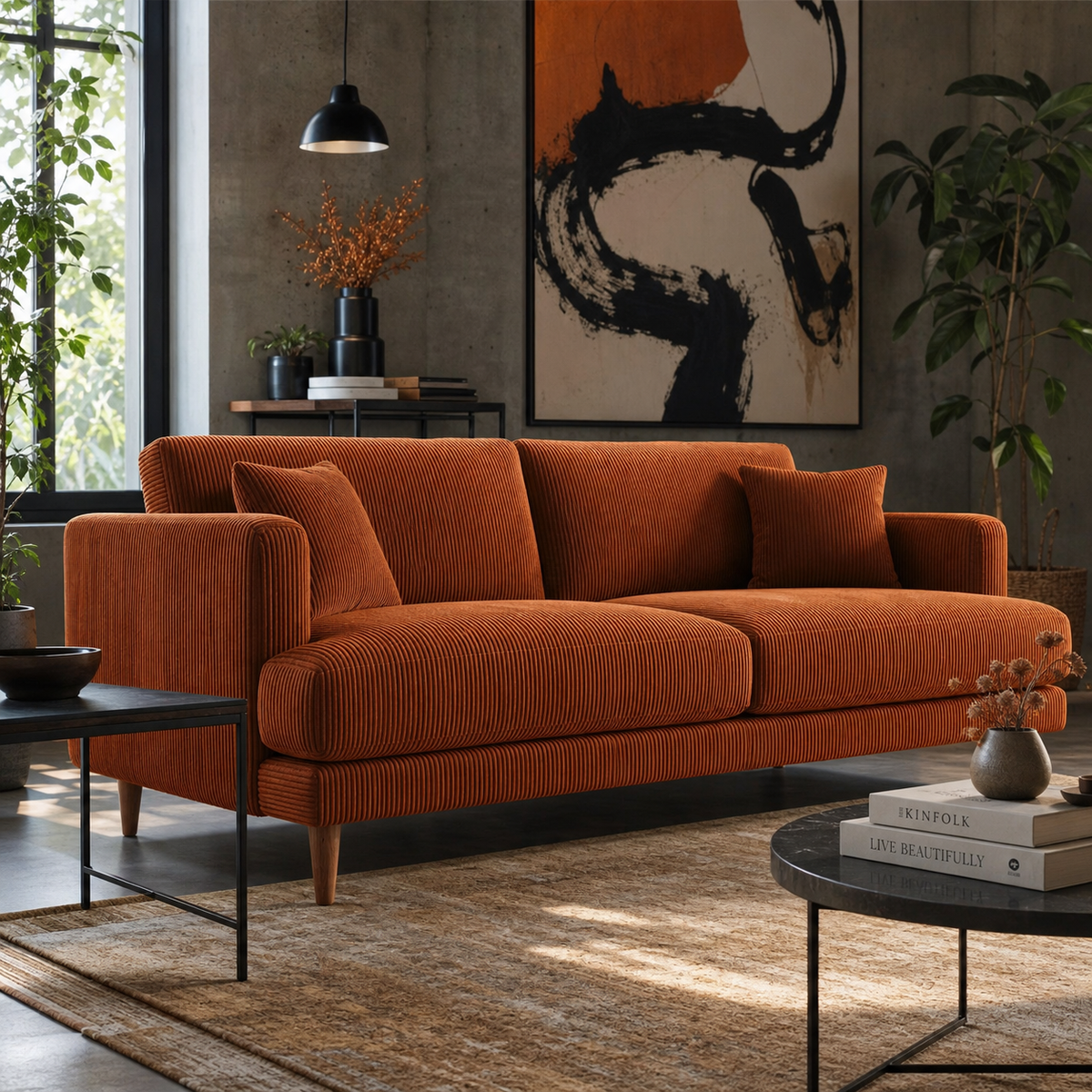 Meadow Sofa Burnt Orange Corduroy - Lifestyle Setting - Vibe Sofas Australia