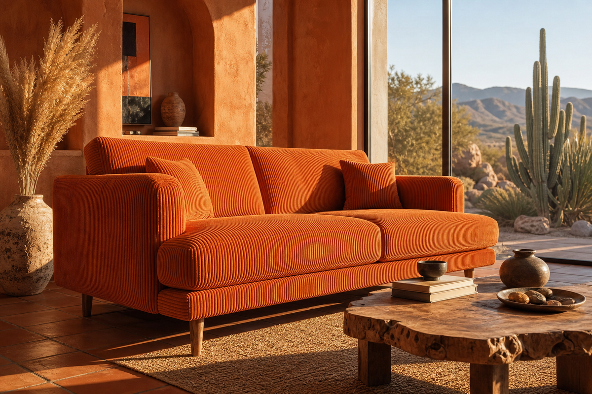 Meadow Sofa Burnt Orange Corduroy - Lifestyle - Vibe Sofas Australia
